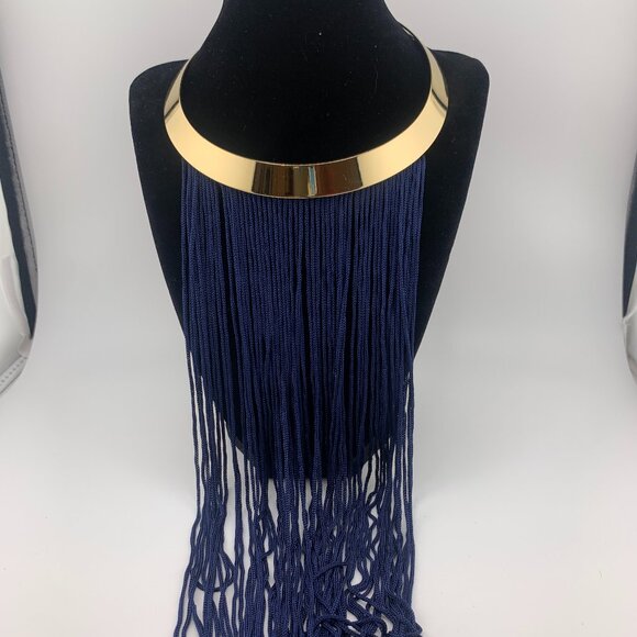 Gold Tone Collar Necklace with Blue Fringe - Picture 1 of 8